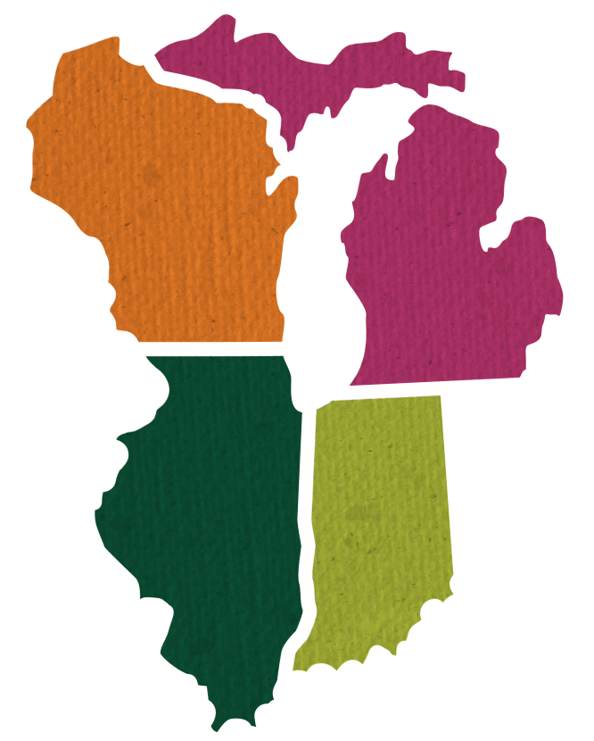 illustrated map of Michigan, Illinois, Indiana and Wisconsin
