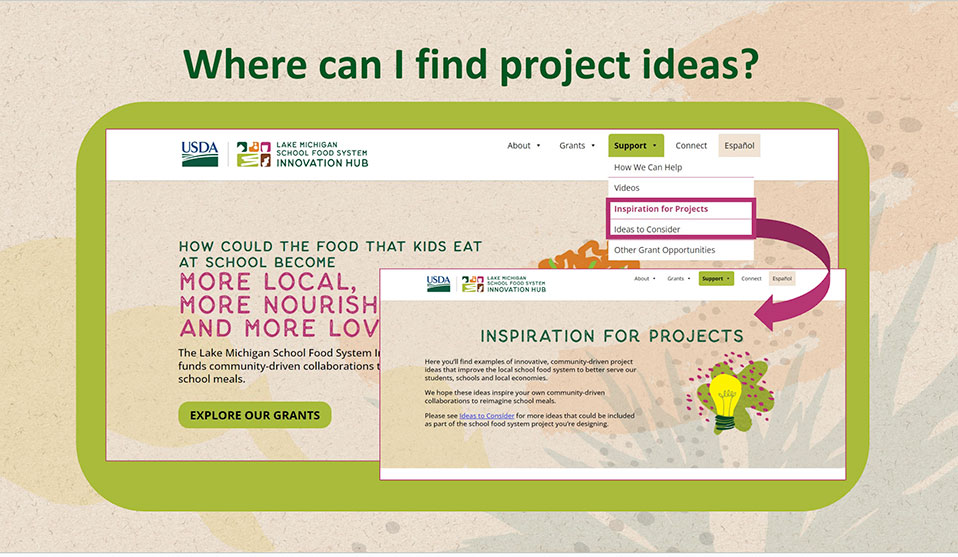 screenshot showing that the Inspiration for Projects page is located under the Support tab in the navigation