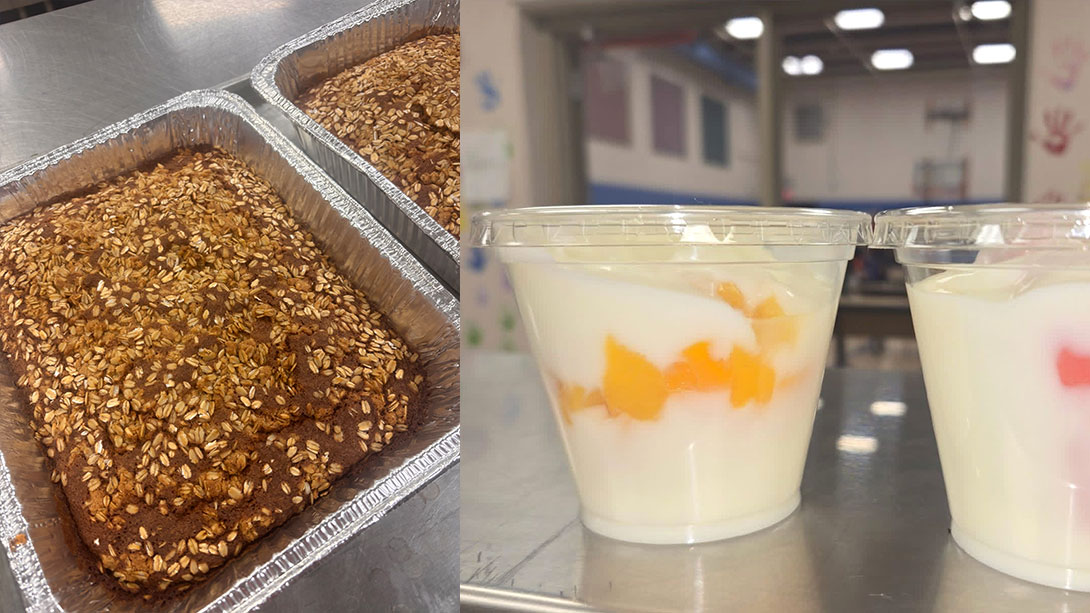 Baking pan with scratch-made bread, and watermelon and peach yogurt parfaits.